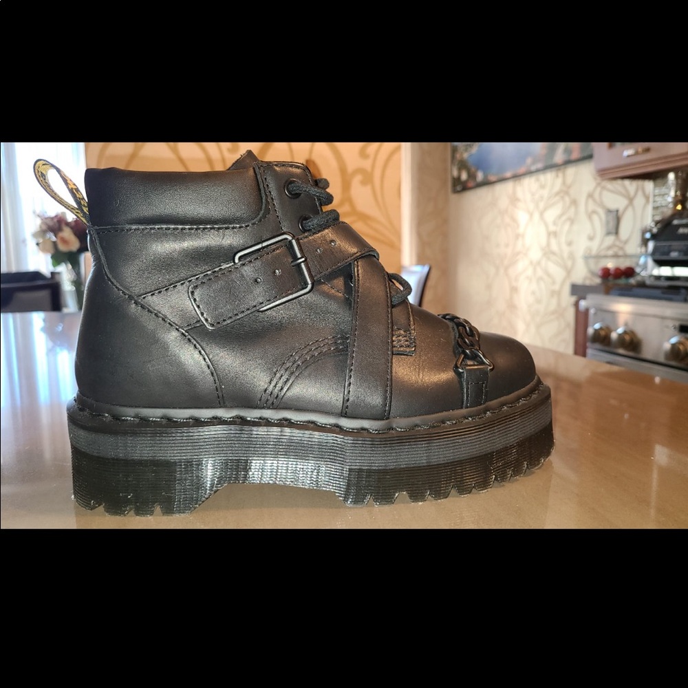 Dr. Martens thick platform black boots with chain and strap details. Brand new!